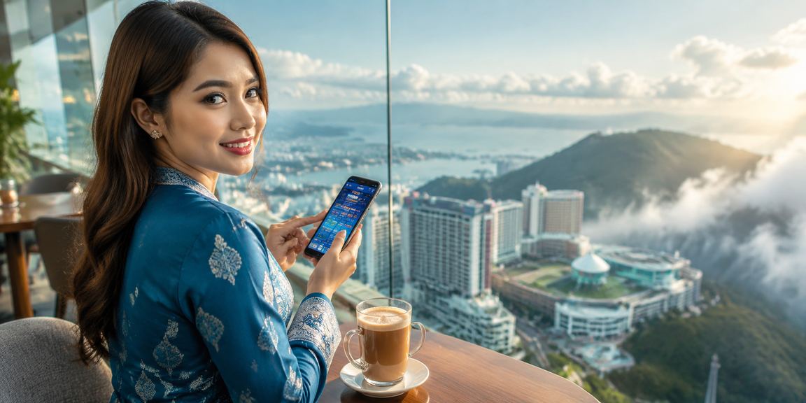 Wanita berbaju kurung menyemak odds perlawanan di telefon pintar di Genting Highlands